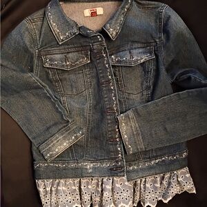 LEI Blue Jean Jacket with White Lace Trim